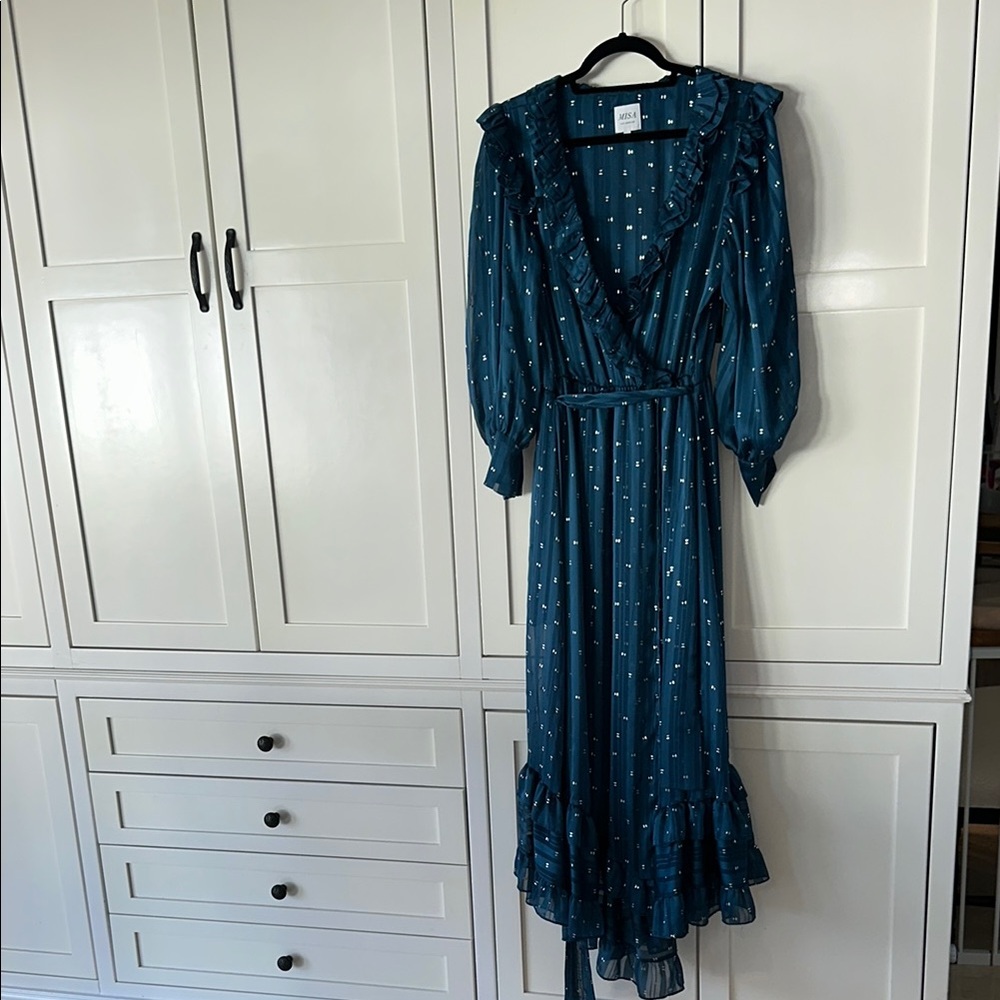 Misa Los Angeles Blue Asymmetrical Bishop Sleeve Dress